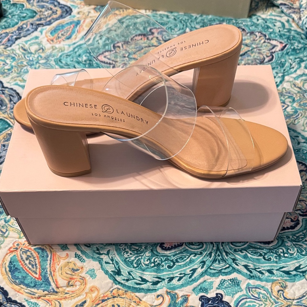 Chinese Laundry Clear Strap Tan Heels